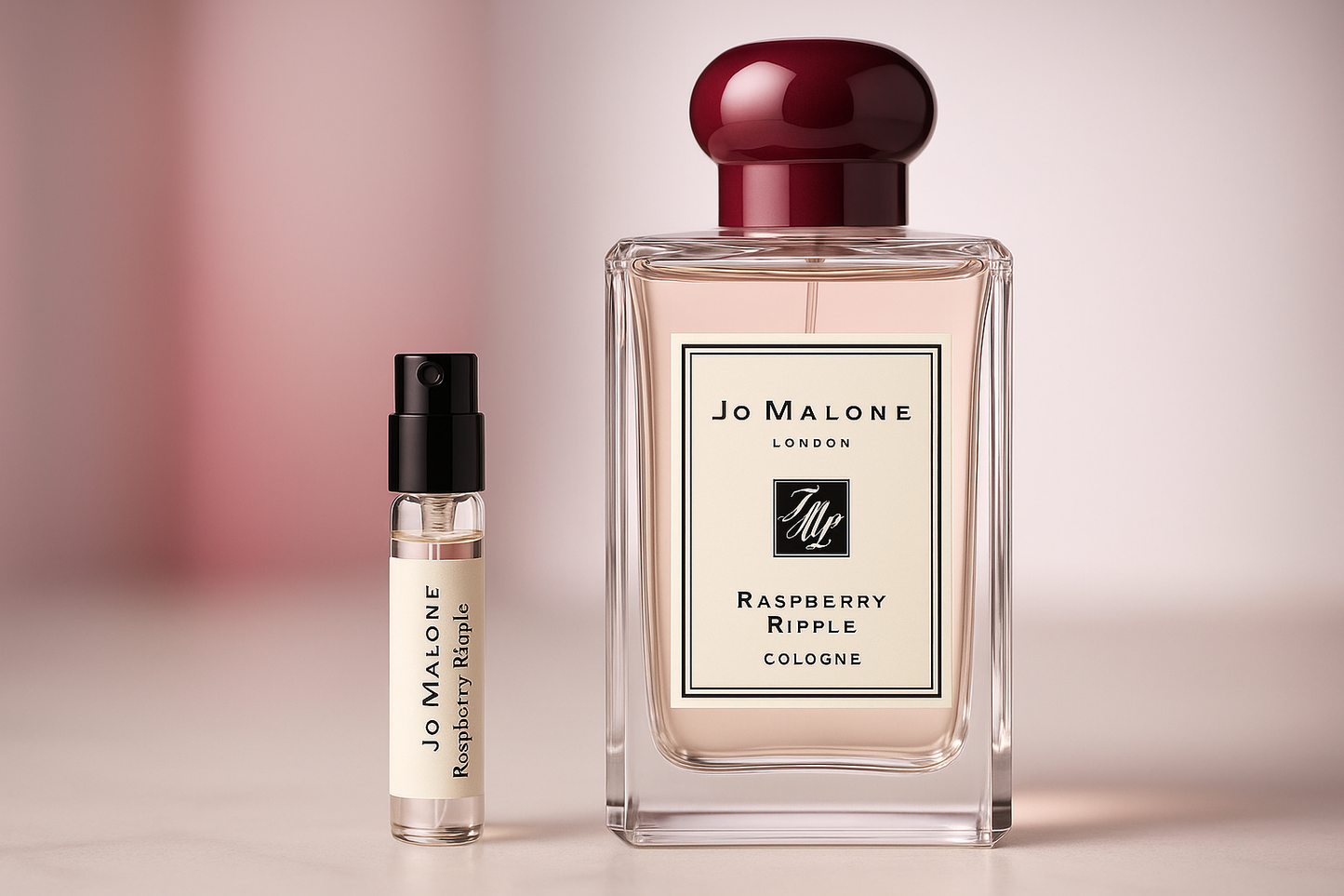 Jo Malone Raspberry Ripple Cologne parfymeprøver, 1ml parfymeprøve stående ved siden av 100ml størrelse Jo Malone Raspberry Ripple Cologne parfymeflaske