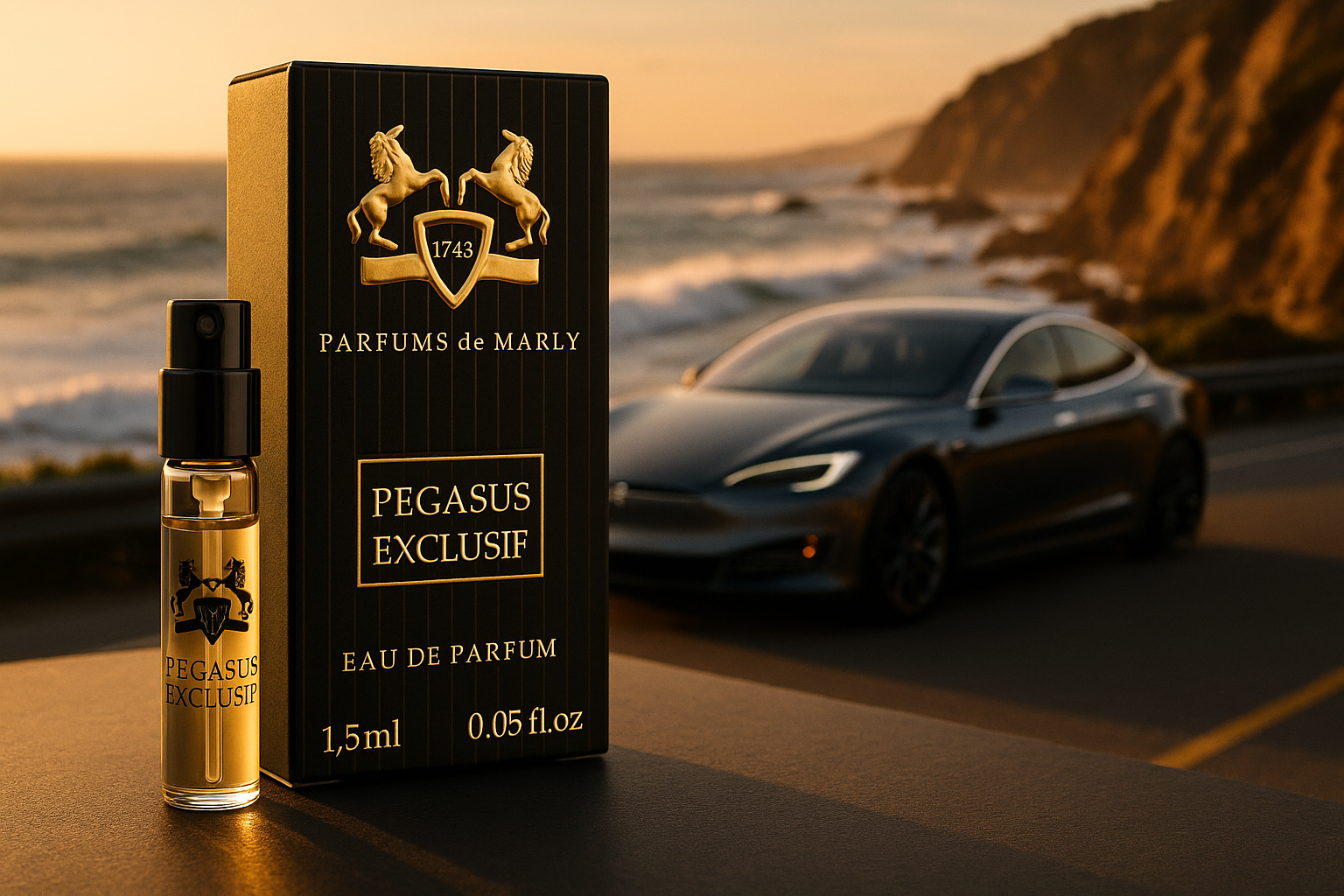 Parfums De Marly Pegasus Exclusif offisiell parfymeprøve 1,5 ml 0,05 fl. o.z. parfymetester, i bakgrunnen en luksusbil ved kysten