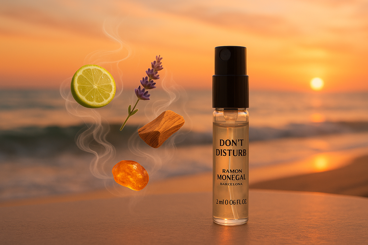 Ramon Monegal Ikke forstyrr offisiell parfymeprøve 2ml 0,06 fl.o.z. parfymetester, parfymeprøve omgitt av duftnoter av Ikke forstyrr foran havkysten ved solnedgang