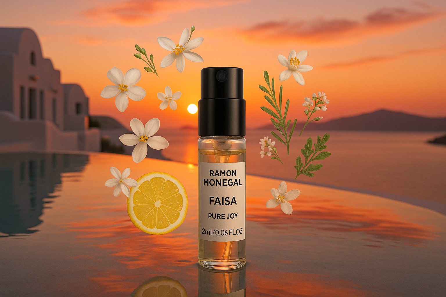 Ramon Monegal Faisa Pure Joy offisiell parfymeprøve 2ml 0,06 fl.o.z. parfymetester, i bakgrunnen solnedgang i Santorini basseng, prøve omgitt av Faisa Pure Joy duftnoter