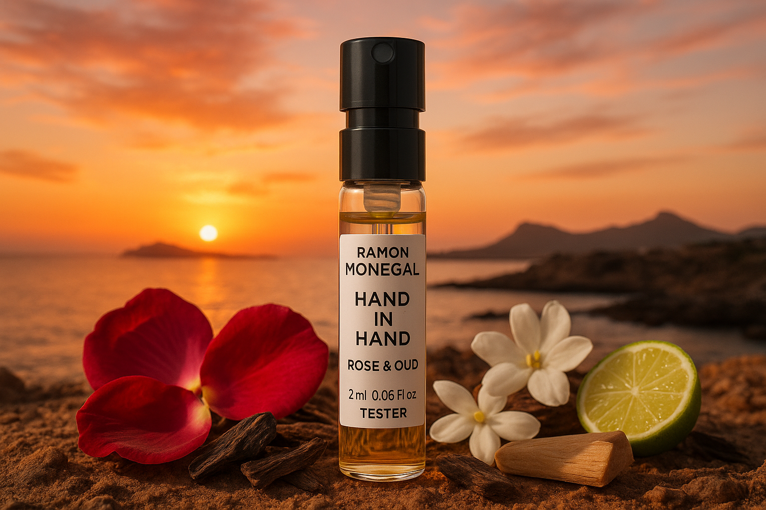 Ramon Monegal Hand in Hand Rose & Oud offisiell parfymeprøve 2ml 0,06 fl.o.z. parfymetester, i bakgrunnen solnedgang i Isla Plana Spania, prøven er omgitt av Hand in Hand Rose & Oud duftnoter