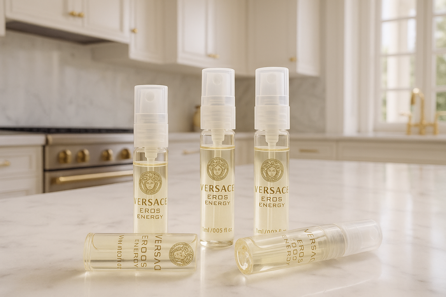 Versace Eros Energy parfymeprøver i superluksus hvitt kjøkken i italiensk stil