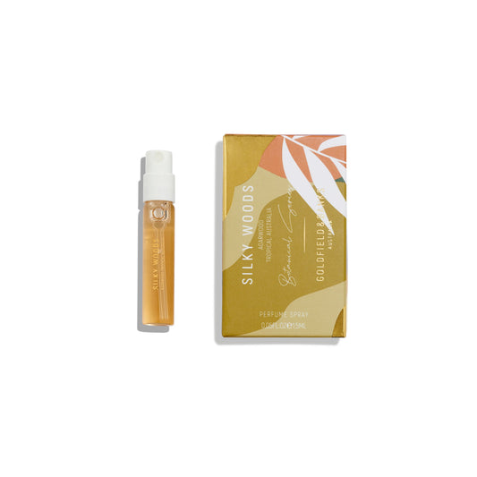 Goldfield and Banks Silky Woods 2 ml parfymeprøve – offisiell nisjeduft hetteglass fra Australia, unisex-duft med luksuriøse tretoner.