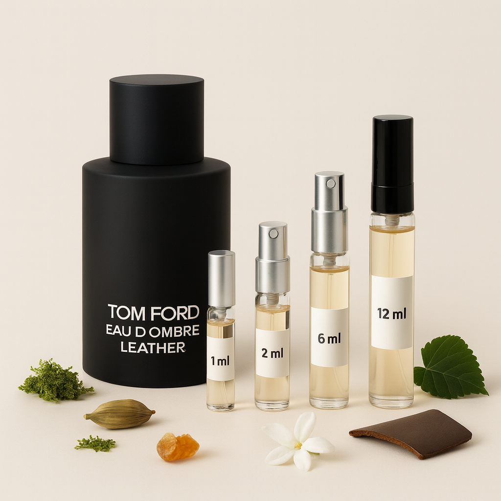 Tom Ford Eau d’Ombre Leather-flaske med prøveflasker på 1 ml, 2 ml, 6 ml og 12 ml på lys bakgrunn, med innslag av kardemomme, jasmin, rav, mose og lær