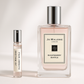 Jo Malone Raspberry Ripple 2ml parfymeprøve ved siden av 100ml Jo Malone Raspberry Ripple parfymeflaske