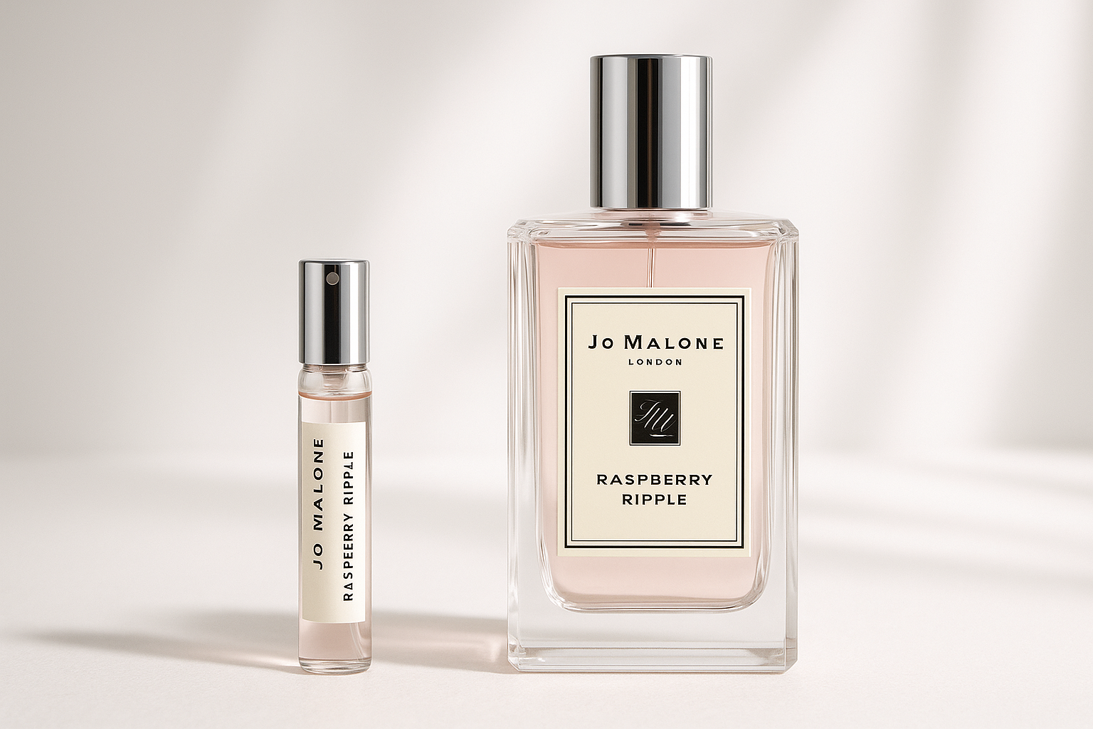 Jo Malone Raspberry Ripple 2ml parfymeprøve ved siden av 100ml Jo Malone Raspberry Ripple parfymeflaske