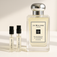 Jo Malone Silver Birch & Lavender Cologne parfymeprøver 1ml stående ved siden av Jo Malone Silver Birch 100ml duft