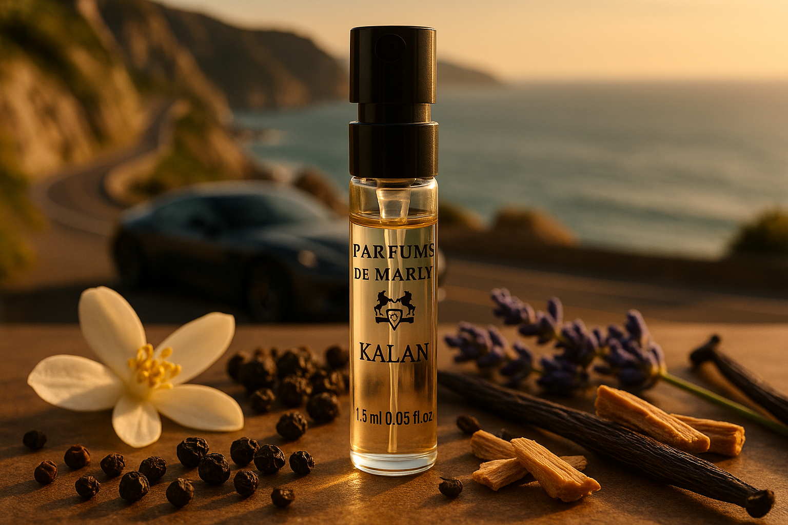 Parfums De Marly Kalan offisiell duftprøve 1,5 ml 0,05 fl. o.z. parfymetester, i bakgrunnen er en luksusbil på kysten, prøven er omgitt av duftnoter av Kalan-duft