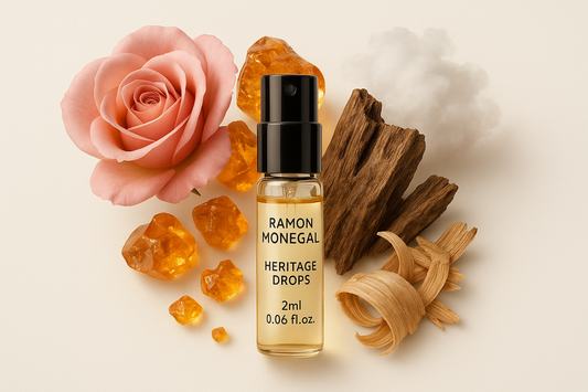 Ramon Monegal Heritage Drops offisiell parfymeprøve 2ml 0,06 fl.o.z. parfymetester prøveflaske omgitt av Heritage Drops duftnoter